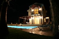 Pool area and garden at night