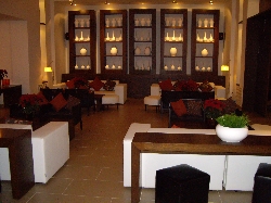 The clubhouse lounge area at night