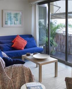 living area with double sofa bed