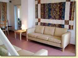 Leather sofas and local rugs in livingro