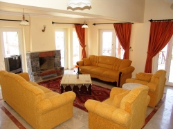 Living room with a woodburning fireplace